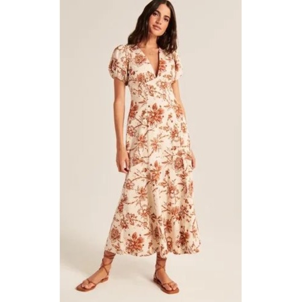 Abercrombie & Fitch Floral Puff Sleeve Slim Poplin Midi Dress Cream Rust Medium